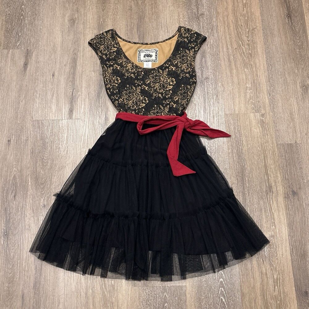 Effies Heart Dress Floral Retro Rockabilly Tiered Tulle Belted Size Small